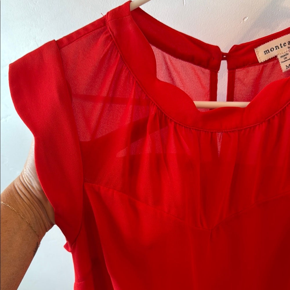 Monteau Red Ruffled Cap Sleeve Blouse